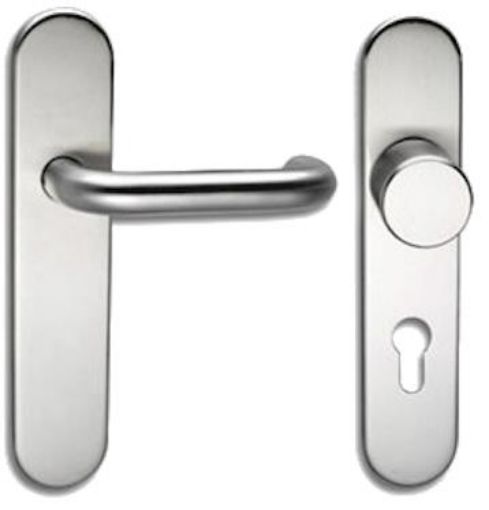 Picture of Assa Abloy Knob and lever handle set on long plate for 4922, EL520. Satin stainless steel