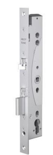 Picture of Assa Abloy DIN Euro profile. With hardened deadbolt anti friction bolt, fail locked and unlocked, split spindle 12/24V DC