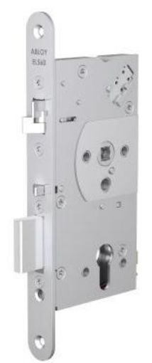 Picture of Assa Abloy DIN Euro profile. With hardened deadbolt and anti friction bolt, fail locked and unlocked, solid spindle 12/24V DC